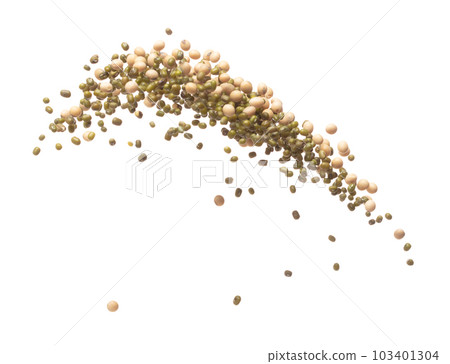 Mix green mung soy beans fall down explosion, several kind bean float explode, abstract cloud fly. Dried soybean green mung mixed beans splash throwing in Air. White background Isolated high speed 103401304