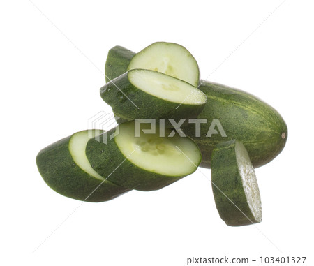 Cucumber fly fall, green fresh vegetable cucumber cut chop slice. Organic fresh vegetable with eaten leaf of long cucumber, close up texture. White background isolated freeze motion high speed shutter Cucumber fly fall, green fresh vegetable cucumber cut chop slice. Organic fresh vegetable with eaten leaf of long cucumber, close up texture. White background isolated freeze motion high speed shutter 103401327