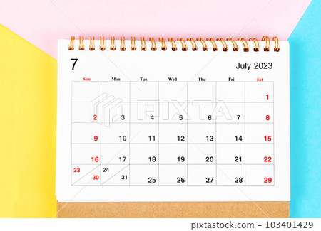 The July 2023 Monthly desk calendar for 2023 year on beautiful background. 103401429