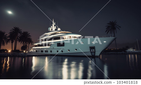 Luxury motor yacht in sea at night, expensive boat moored in harbor, generative AI 103401818