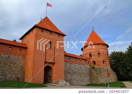 Lithuania, one of the three Baltic countries in Northern Europe Trakai, a famous city near the capital Vilnius Trakai Castle looking up from below 103401977