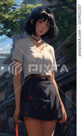 A young woman walking in the city in a white shirt and miniskirt 103402207
