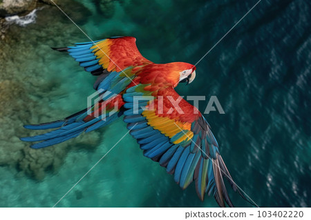 A colorful bird soaring over the sandy beaches and crystal clear waters of a tropical coastline, showcasing the wonders of nature. AI Generative. 103402220