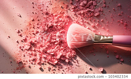 Makeup cosmetics, dry loose face shadows or blush, pink glitter background. Beauty concept, decorative professional products 103402334