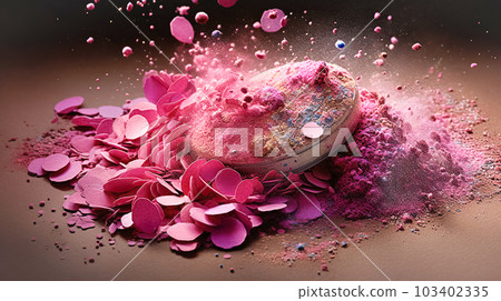 Makeup cosmetics, dry loose face shadows or blush, pink glitter background. Beauty concept, decorative professional products Makeup cosmetics, dry loose face shadows or blush, pink glitter background. Beauty concept, decorative professional products 103402335
