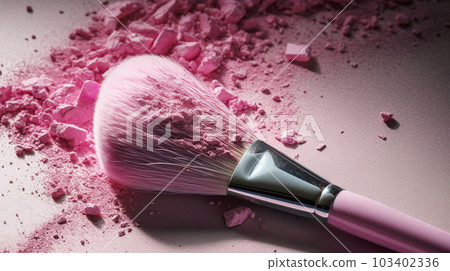 Makeup cosmetics, dry loose face shadows or blush, pink glitter background. Beauty concept, decorative professional products Makeup cosmetics, dry loose face shadows or blush, pink glitter background. Beauty concept, decorative professional products 103402336