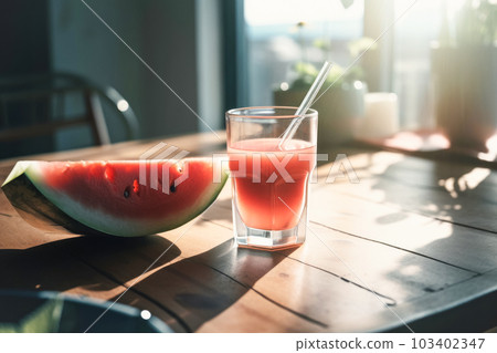 A glass of refreshing cocktail drink made from ripe juicy watermelon on table, minimalist style. Light breakfast, summer cocktail A glass of refreshing cocktail drink made from ripe juicy watermelon on table, minimalist style. Light breakfast, summer cocktail 103402347