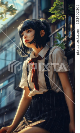 坐在城市裡眺望遠方的年輕女子 103402362