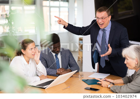Angry middle-aged man shouting at his business partners sitting around table Angry middle-aged man shouting at his business partners sitting around table 103402974