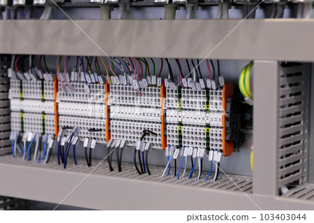 rackmount PLC control panel wiring close up 103403044