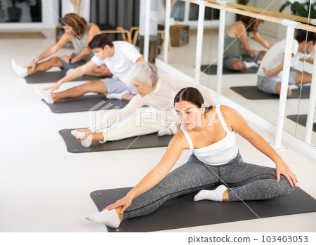 Young woman practicing pilates in gym room Young woman practicing pilates in gym room 103403053