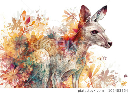 Watercolor painting of a kangaroo with colorful tropical flowers. Wildlife Animals. Illustration, generative AI. 103403564