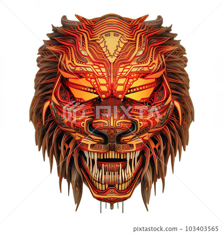 Image of cyberpunk lion mask with colorful patterns on white background. Wildlife Animals. Illustration. Generative AI. 103403565