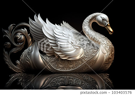 The white swan statue is made of shiny silver material on a dark background. Wildlife animals. Illustration. Generative AI. 103403576