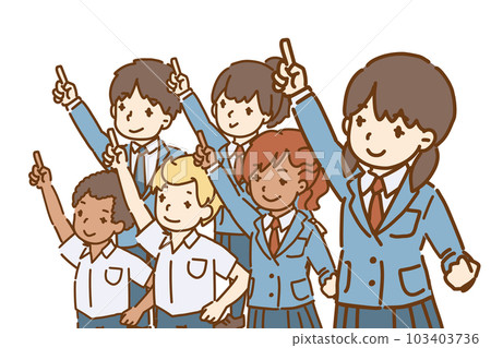Image of students with various roots united and working towards a goal, led by a female student “Let’s do our best together” 103403736