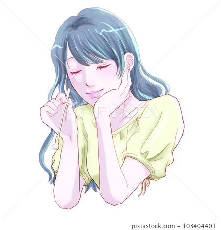 A happy and relaxed girl holding a spoon and holding her cheeks 103404401