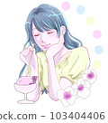 A girl relaxing eating ice cream in a glass vessel 103404406