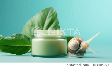 Cosmetic product with snail mucin in a glass jar, asian cosmetics, pastel blue background. Spa and relaxation concept, natural organic skin care cosmetics based on snail mucus 103405074