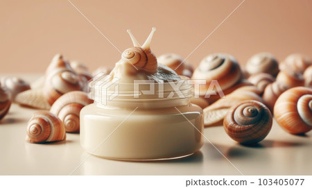 Cosmetics cream, gel, serum with snail mucin, Asian cosmetics, pastel background. Spa and relaxation concept, natural organic skin care cosmetics 103405077