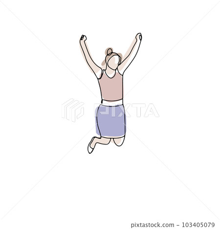 Single line drawing of jumping woman with abstract shapes 103405079