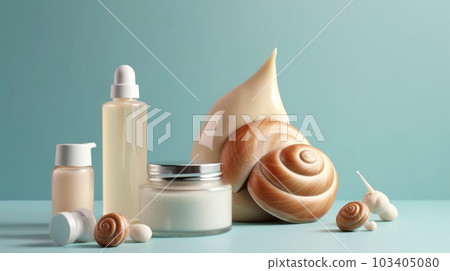 Various cosmetic products cream, gel, serum with snail mucin, Asian cosmetics. Spa and relaxation concept, natural organic 103405080