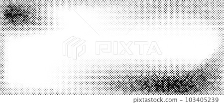 Halftone faded gradient textured frame. Grunge halftone gritty background. White and black sand noise wallpaper. Retro pixilated vector backdrop 103405239