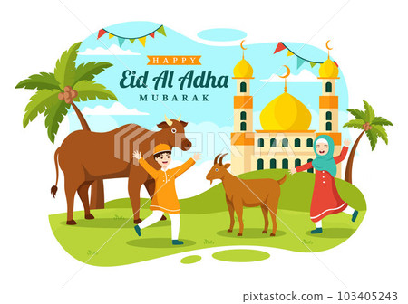 Happy Eid Al Adha Mubarak Vector Illustration of Kids Muslims Celebration with Sacrificial Animals Goat and Cow in Cartoon Hand Drawn Templates 103405243