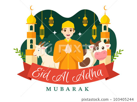 Happy Eid Al Adha Mubarak Vector Illustration of Kids Muslims Celebration with Sacrificial Animals Goat and Cow in Cartoon Hand Drawn Templates 103405244