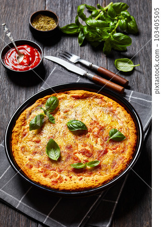 upside down pizza in baking dish, top view 103405505