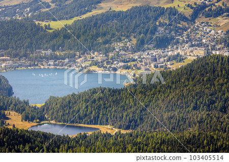 Above St Moritz lake with sailboats from Muottas Muragl, Graubunden, Switzerland Above St Moritz lake with sailboats from Muottas Muragl, Graubunden, Switzerland 103405514