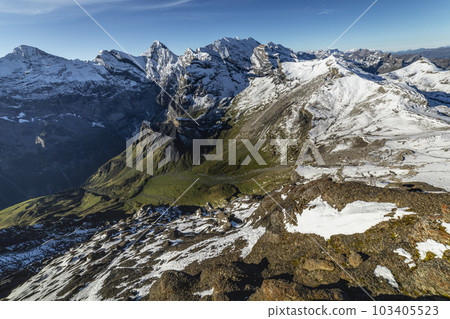 Top of the Schilthorn and view of Breithorn and Bernese Swiss alps, Switzerland Top of the Schilthorn and view of Breithorn and Bernese Swiss alps, Switzerland 103405523