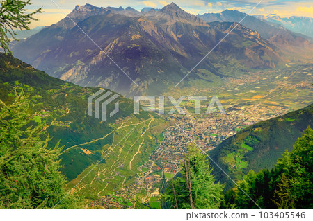 View of Martigny valley from above tour du Mont Blanc, Swiss Alps View of Martigny valley from above tour du Mont Blanc, Swiss Alps 103405546