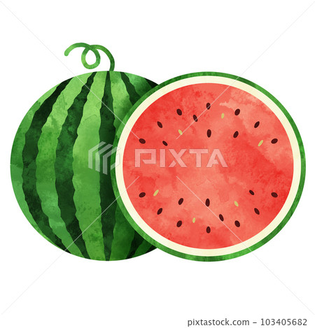 Watercolor illustration of large ball and watermelon cut in half Watercolor illustration of large ball and watermelon cut in half 103405682