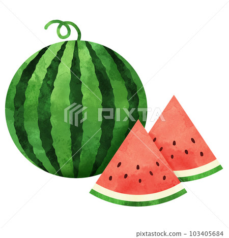 Watercolor illustration of large ball and watermelon cut into triangles 103405684