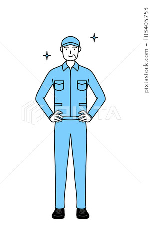 A senior man in a hat and work clothes with his hands on his waist (manager, manager, boss) A senior man in a hat and work clothes with his hands on his waist (manager, manager, boss) 103405753