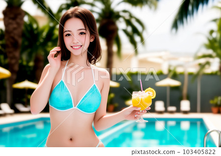 人工智能生成的圖像/人/池畔女人和水果雞尾酒 10 103405822