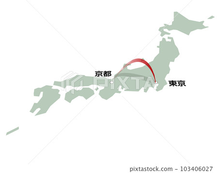 日本地圖，帶有從京都到東京的三維箭頭矢量圖 103406027