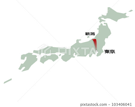 A map of Japan with three-dimensional arrows heading from Tokyo to Niigata vector illustration 103406041