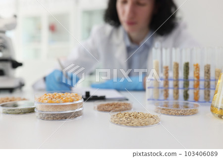 Focused male scientist writes notes while examining crops 103406089