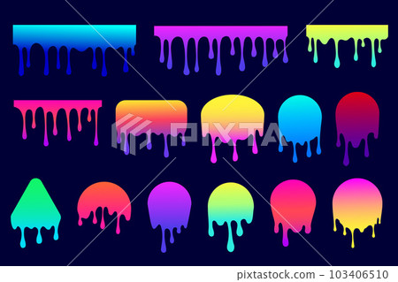 Melted drips shapes. Drop flow of neon gradient liquid. Sauce chocolate ink splashes. Bright vector illustration 103406510