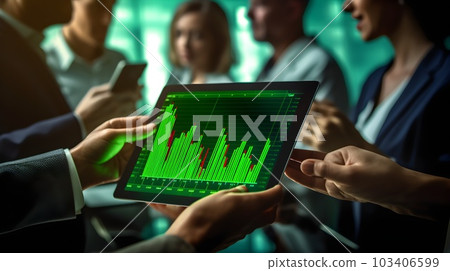 Stock, Cryptocurrency chart trader with businesspeople hold laptop. Business growing with virtual increasing technical graph and up arrow for trader analysis, Trading, investment. Generative AI Stock, Cryptocurrency chart trader with businesspeople hold laptop. Business growing with virtual increasing technical graph and up arrow for trader analysis, Trading, investment. Generative AI 103406599