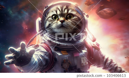 Scottish fold cat astronaut floating in space with colorful nebula of deep space. Science fiction wallpaper. Billions of stars and galaxies in outer space in the universe. Generative AI. Scottish fold cat astronaut floating in space with colorful nebula of deep space. Science fiction wallpaper. Billions of stars and galaxies in outer space in the universe. Generative AI. 103406613
