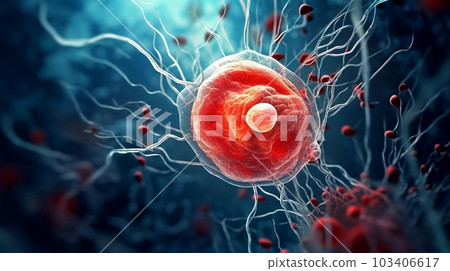 Microscope of Red embryo cell. Stem cell research and treatment. Science and technology concept. Generative AI Microscope of Red embryo cell. Stem cell research and treatment. Science and technology concept. Generative AI 103406617