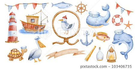 Funny sea animals characters, fishing boat and lighthouse on stones. Watercolor illustration isolated on white, hand drawn clipart set. 103406735