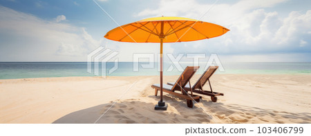 The perfect spot to unwind and relax - a white sand beach with beach chairs and an umbrella, surrounded by a serene ocean and blue sky. Perfect for tropical vacation concepts. AI Generative. The perfect spot to unwind and relax - a white sand beach with beach chairs and an umbrella, surrounded by a serene ocean and blue sky. Perfect for tropical vacation concepts. AI Generative. 103406799