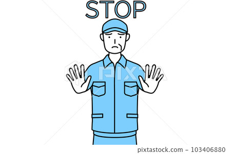 A signal to stop, a senior man in a hat and work clothes sticking out his hand in front of his body (manager, manager, boss) A signal to stop, a senior man in a hat and work clothes sticking out his hand in front of his body (manager, manager, boss) 103406880