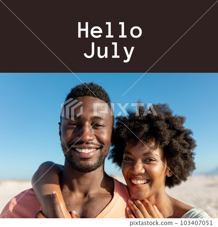 Composition of hello july text over african american couple on beach 103407051