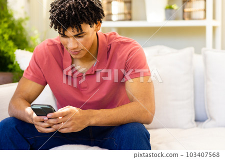 Biracial handsome young man texting over mobile phone while sitting on sofa in living room 103407568