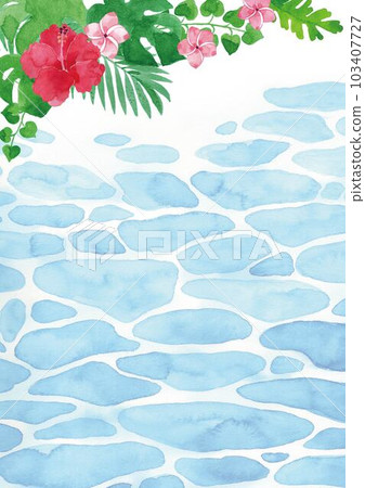Hibiscus and sea background illustration A4 vertical transparent watercolor 103407727