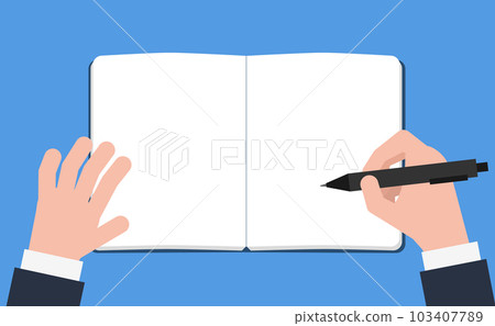 用筆在筆記本（筆記本）上書寫的手的插圖 103407789